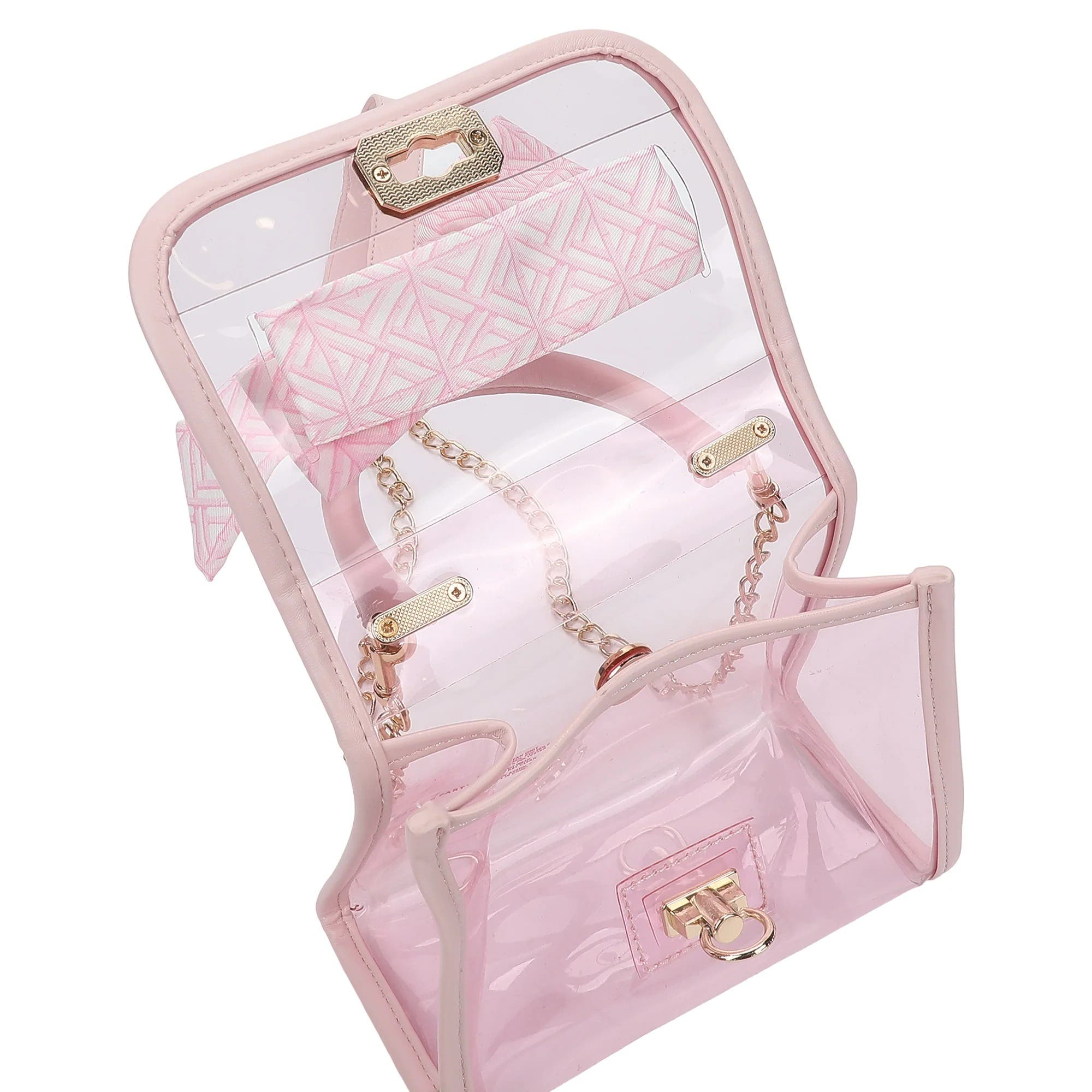 Clear Mini Crossbody Bag - Pink Trim with Gold Chain Strap, Removable Satin Bow Scarf, Top Handle, 7x3.5x5 Inch, Alternate, color, Pink