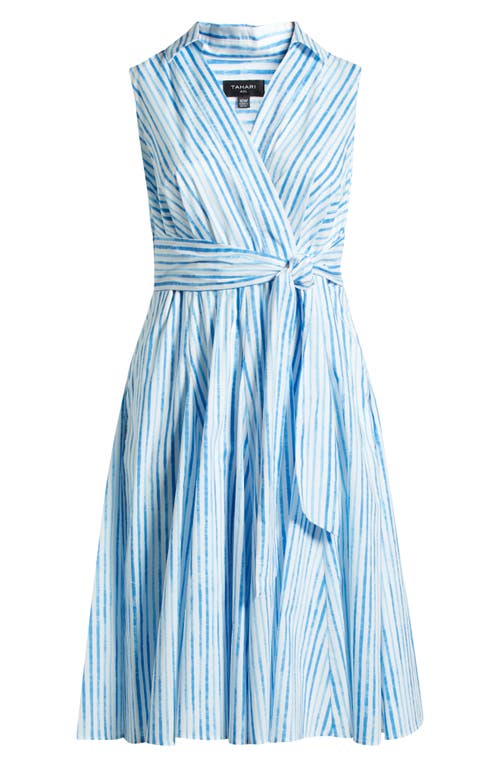 Tahari Asl Plus Size Cotton Striped Faux-wrap Shirtdress In White Blue