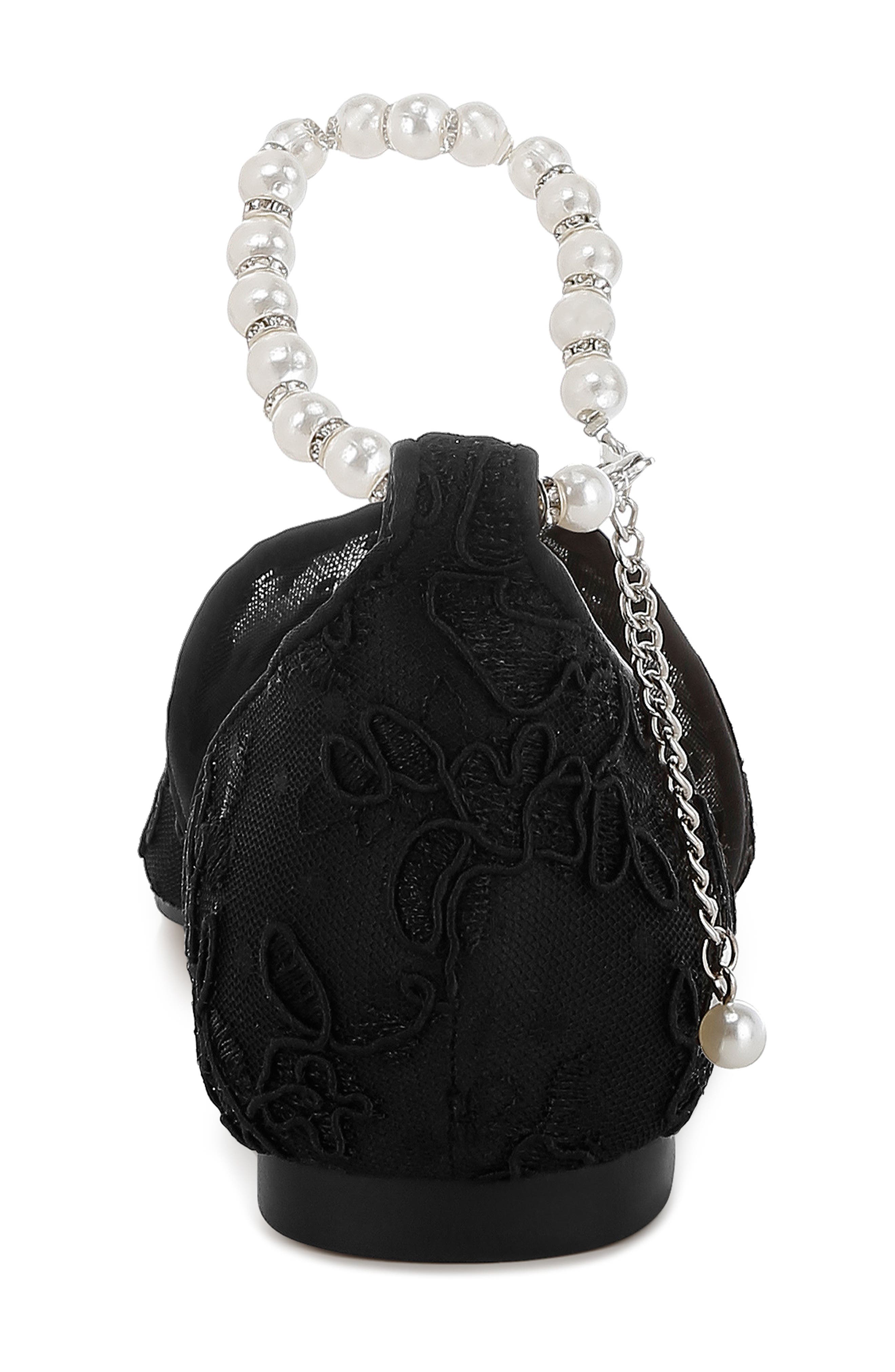 Rag & Co Seymor Faux Pearl Tie Strap Lace Flat, Alternate, color, Black