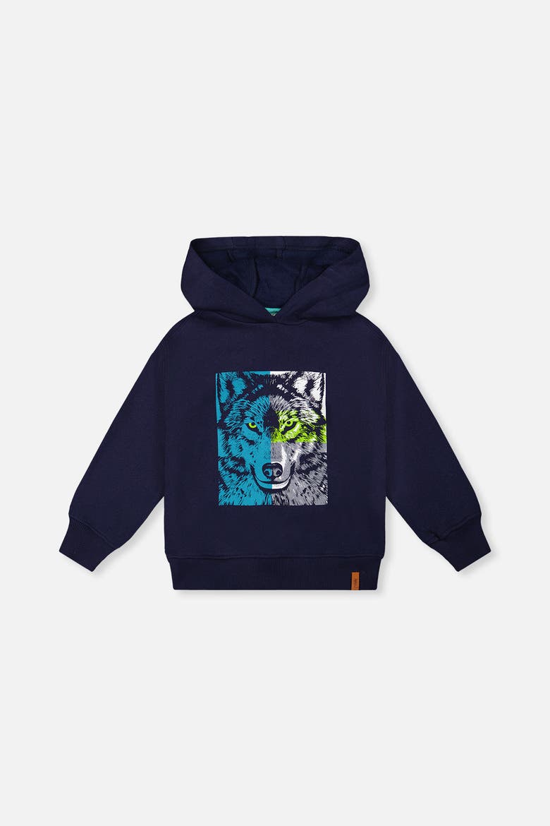 Wolf Graphic Ribbed Cuff Fleece Hooded Sweatshirt, Main, color, Dark Blue