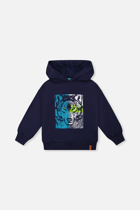Wolf Graphic Ribbed Cuff Fleece Hooded Sweatshirt