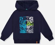 Deux par Deux Wolf Graphic Ribbed Cuff Fleece Hooded Sweatshirt