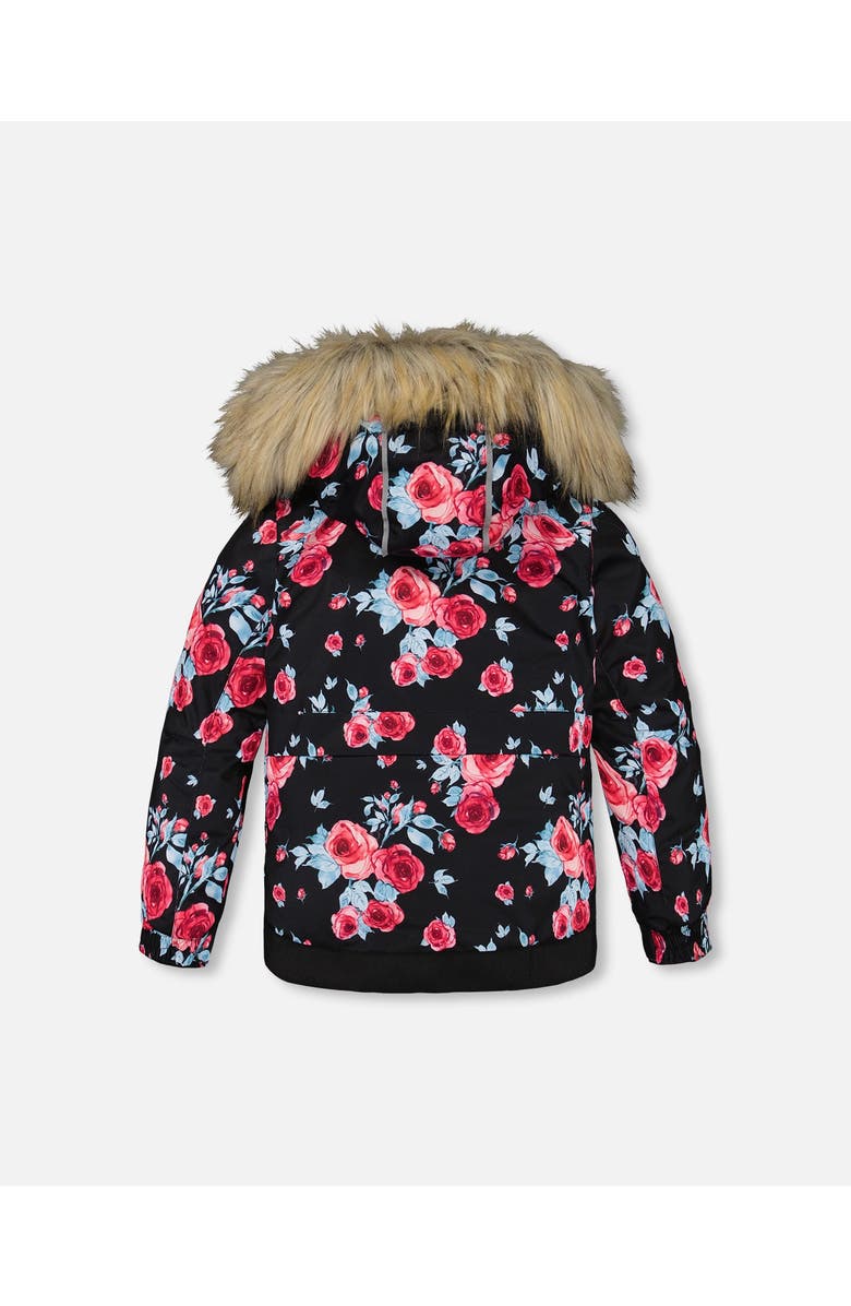 Deux par Deux Girl's Two Piece Snowsuit Black Printed Rose With Fuschia Pink, Alternate, color, 