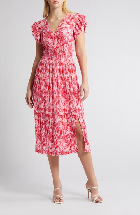 Flutter Sleeve Plissé Midi Dress