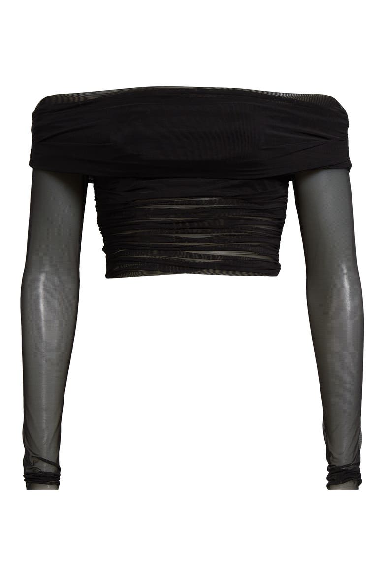 Isadola Ruched Off the Shoulder Mesh Crop Top, Alternate, color, BLACK