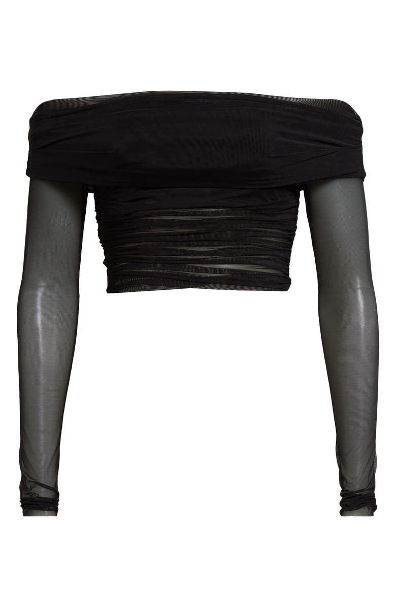 Alice + Olivia Isadola Ruched Off the Shoulder Mesh Crop Top, Alternate, color,