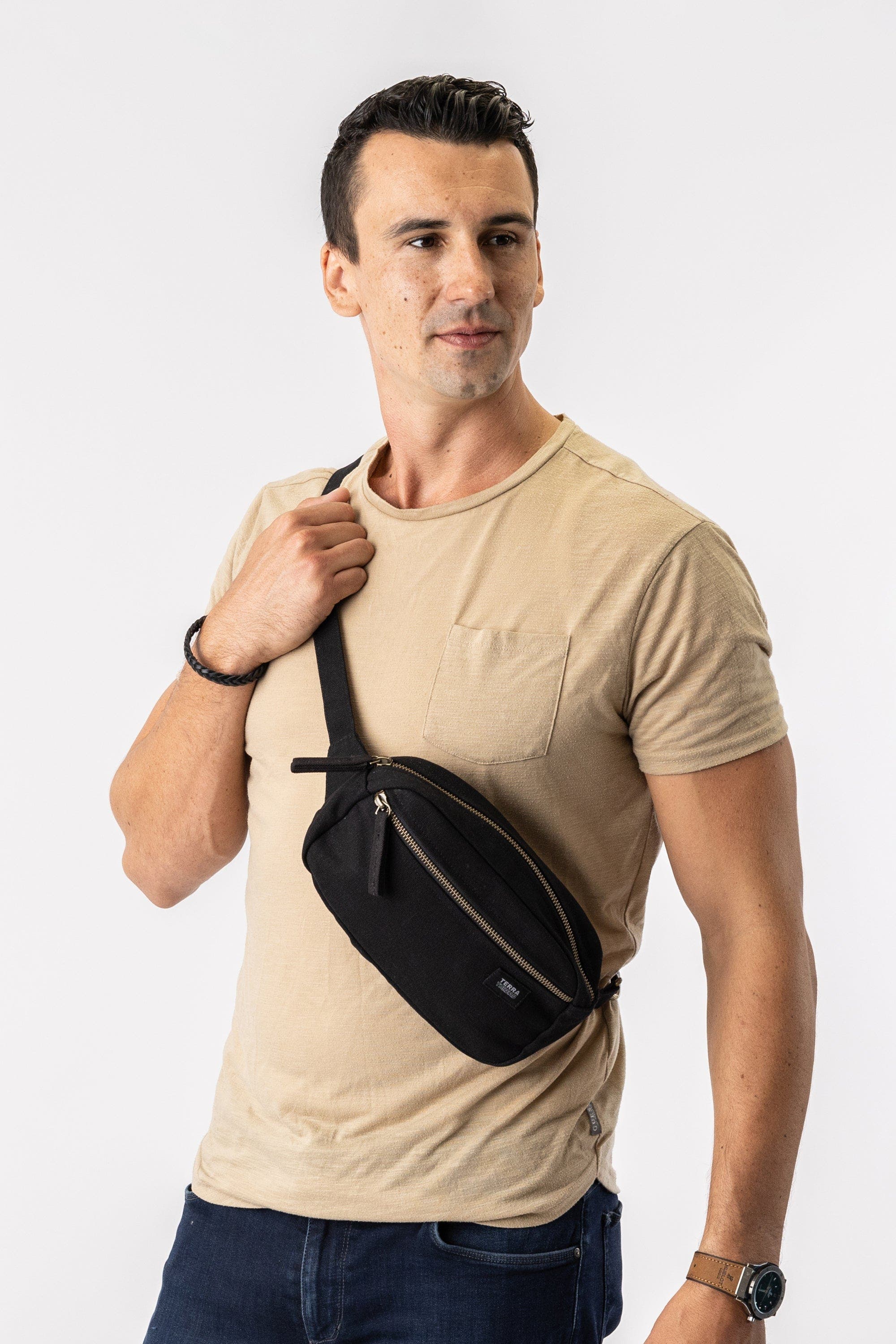 Terra Thread Organic Cotton Sling Belt Bag, Alternate, color, Ivory Black