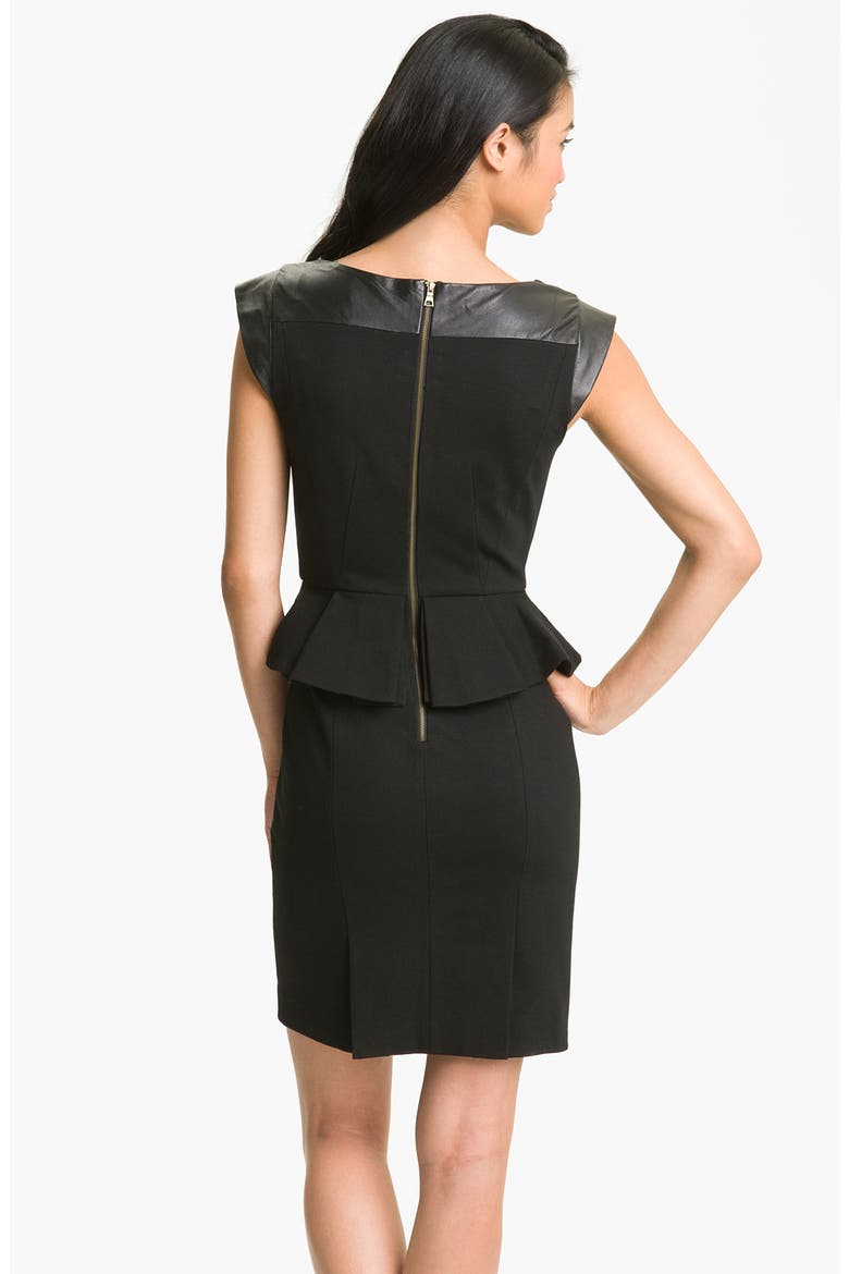 'Dylan' Leather Yoke Peplum Sheath Dress, Alternate, color, BLACK