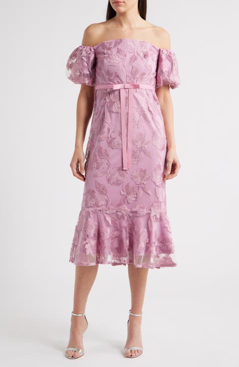 Embroidered Off the Shoulder Tie Waist Midi Dress