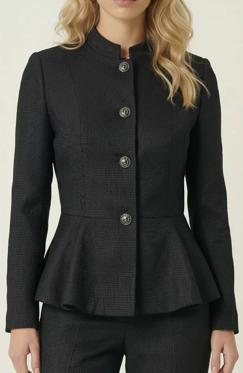 Modenaire Textured Round Neck Peplum Blazer, Alternate, color, Black