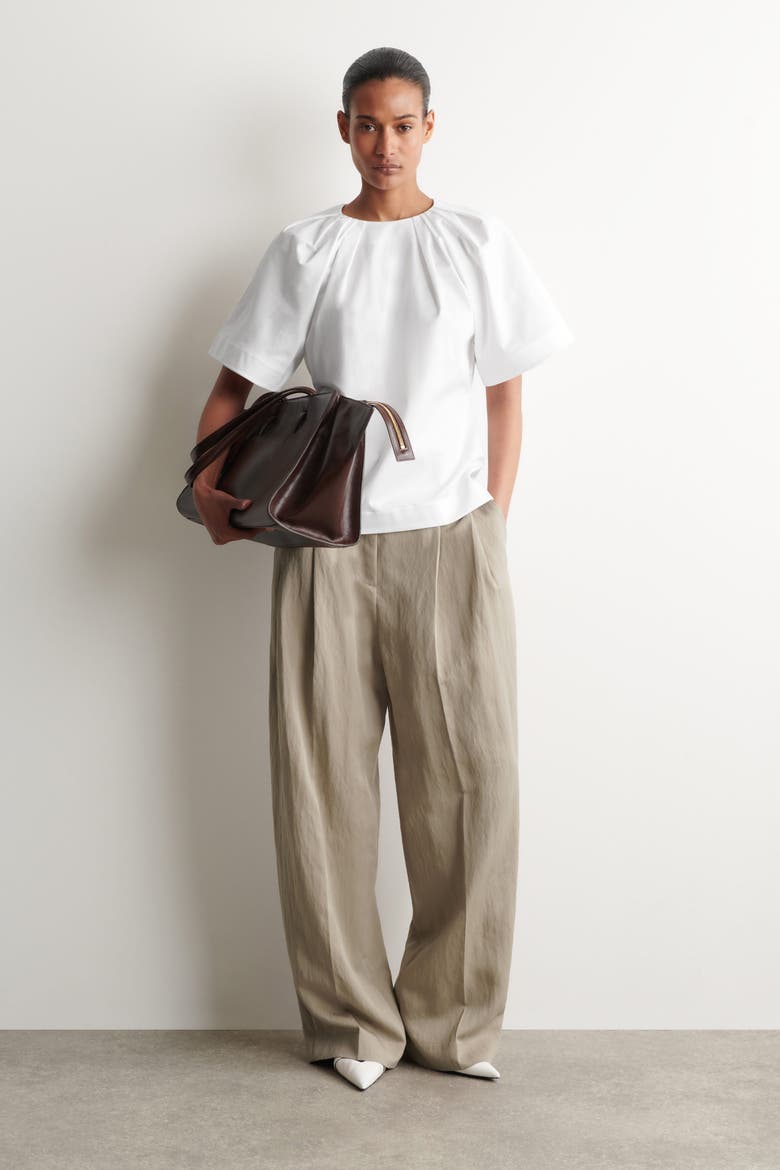 Gathered Short-sleeved Cotton Top, Alternate, color, WHITE