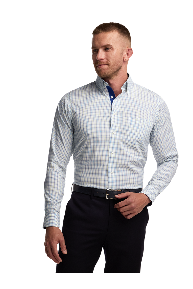 Cotton Spandex Point Collar Poplin Slim Contrast Trim Button Cuff Long Sleeve, Alternate, color, Blue Multi