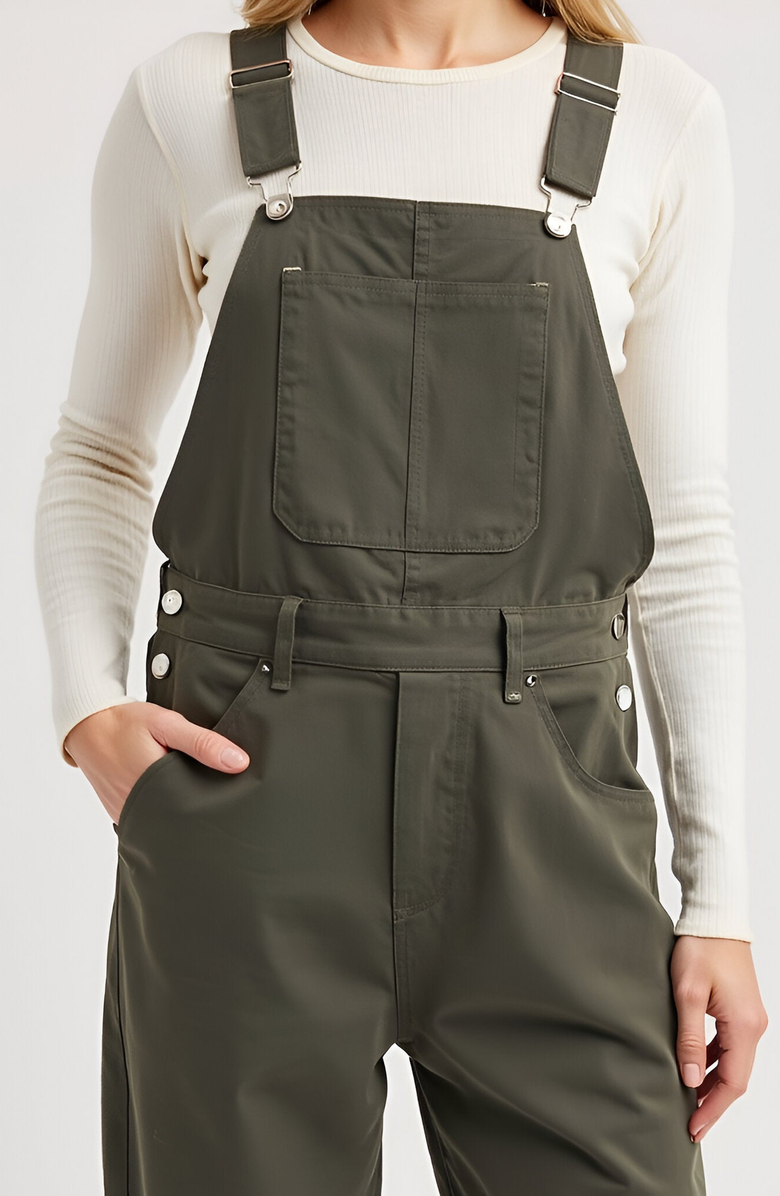 Modenaire Wide-Leg Adjustable-Strap Front Bib Pocket Overalls, Alternate, color, Olive Green