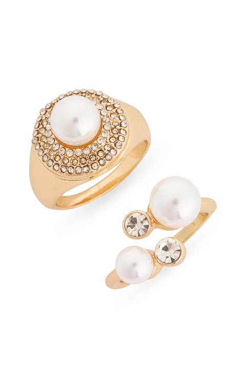Set of 2 Faux Pearl & Pavé Rings