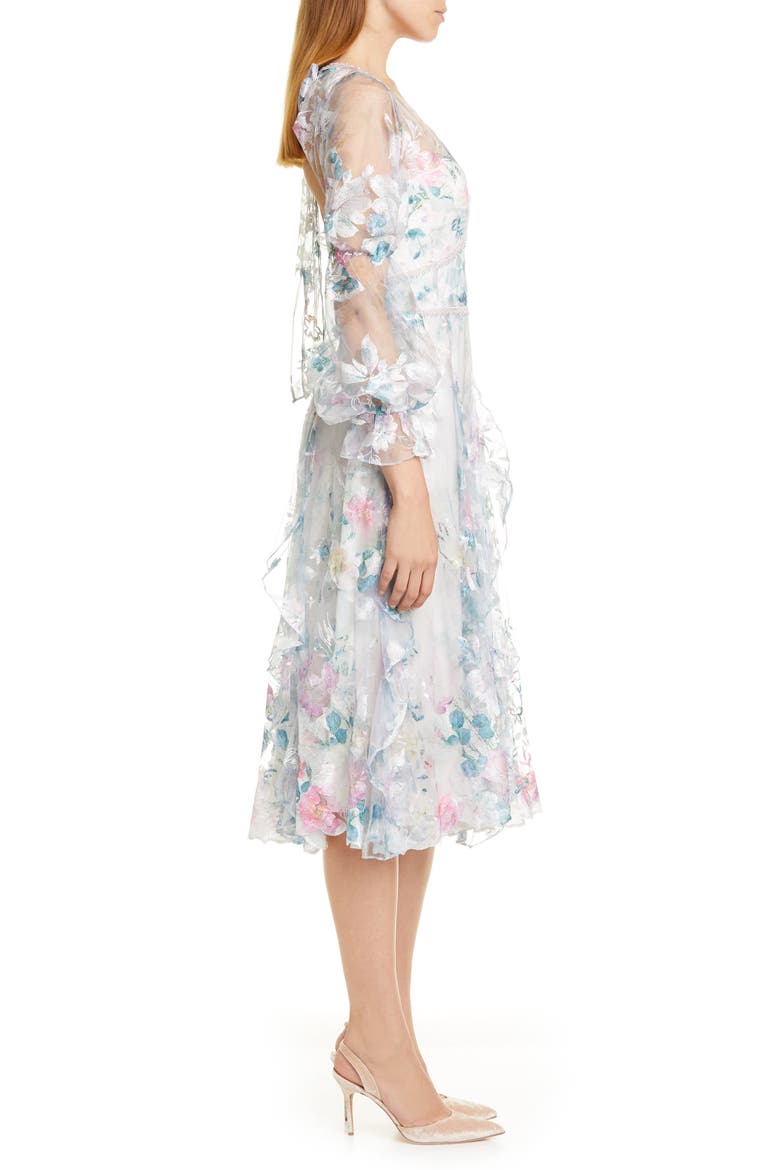 Embroidered Long Sleeve Tulle Midi Dress, Alternate, color, IVORY