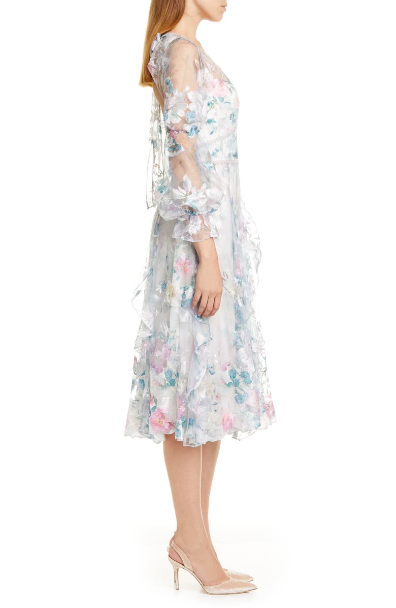 Marchesa Notte Embroidered Long Sleeve Tulle Midi Dress, Alternate, color,