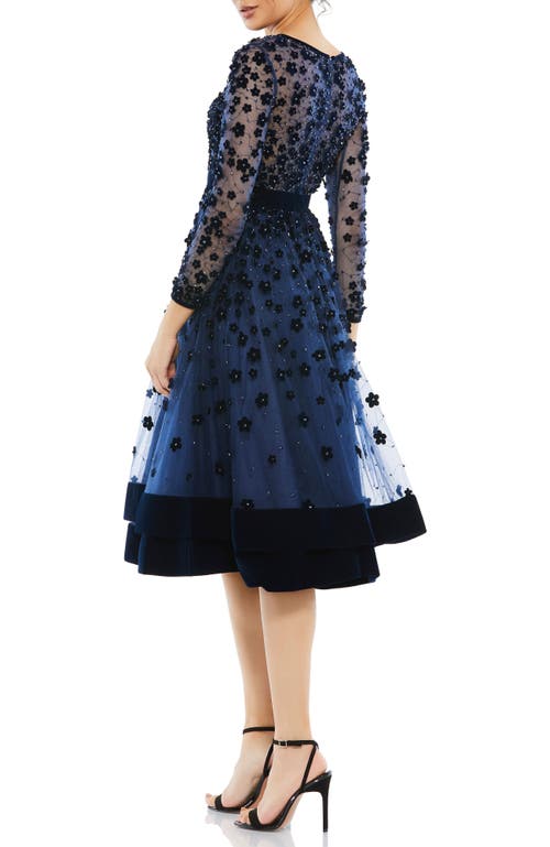 Mac Duggal Embellished Illusion High Neck Long Sleeve Fit & Flare Dress In Midnight