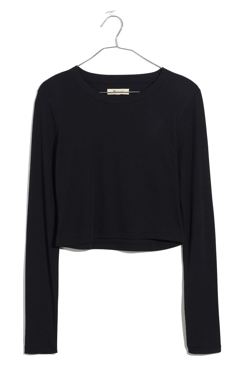 Fine Ribbed Supercrop Crewneck Long Sleeve T-Shirt, Alternate, color, TRUE BLACK