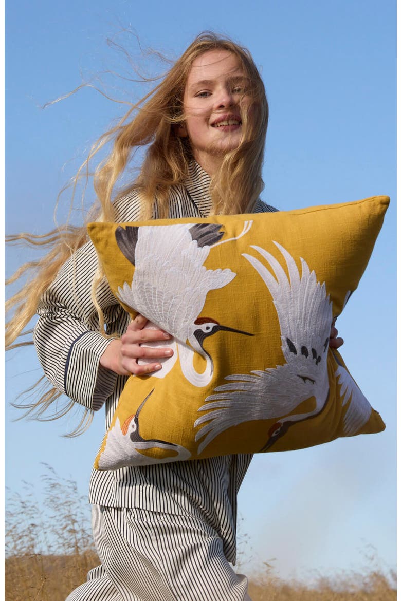 Crane Embroidered Big Throw Pillow, Alternate, color, GOLD