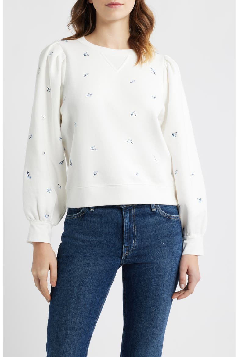Tiffany Floral Embroidered Balloon Sleeve Cotton Sweatshirt, Main, color, EMBROIDERED BLUE IRIS