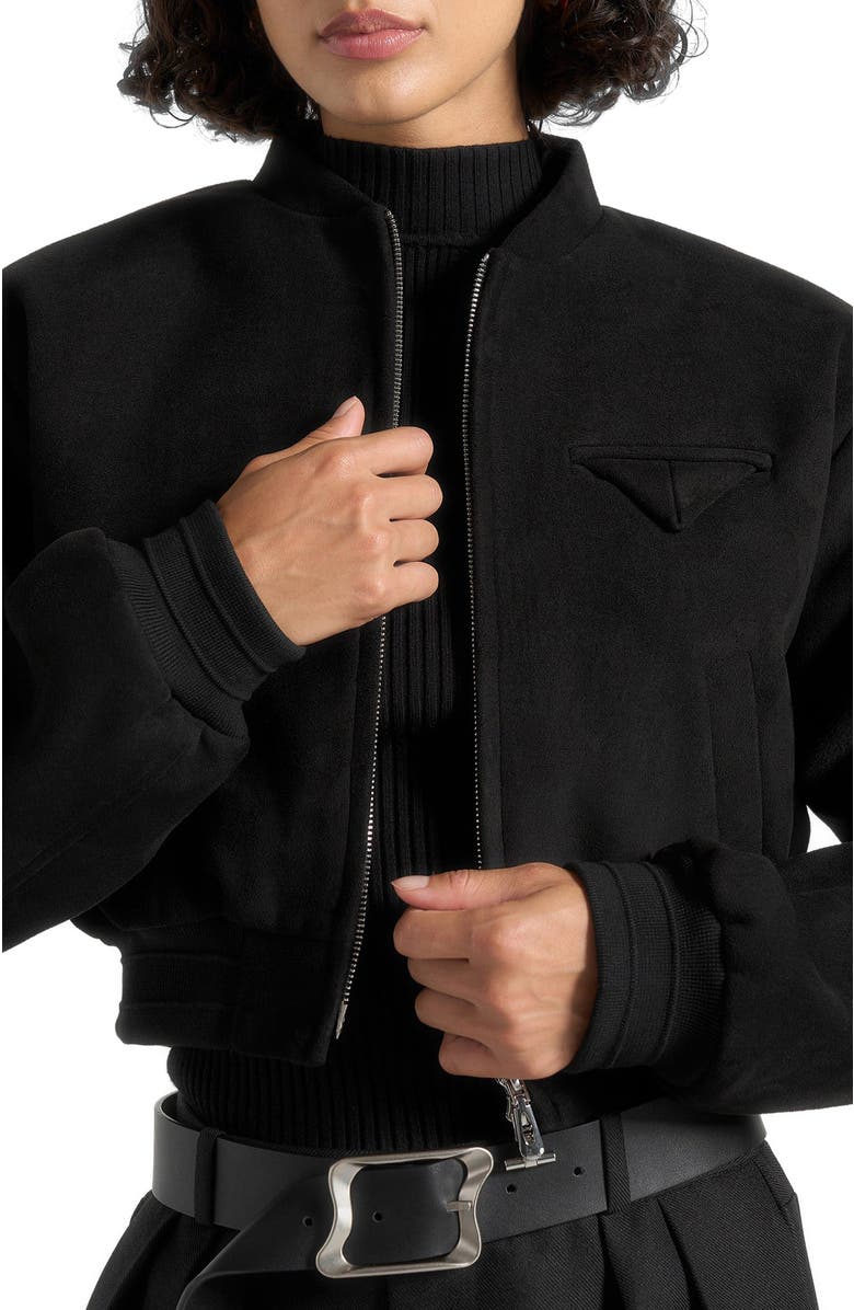 Manière De Voir Monique Suede Wide Shoulder Bomber Jacket, Alternate, color, Black