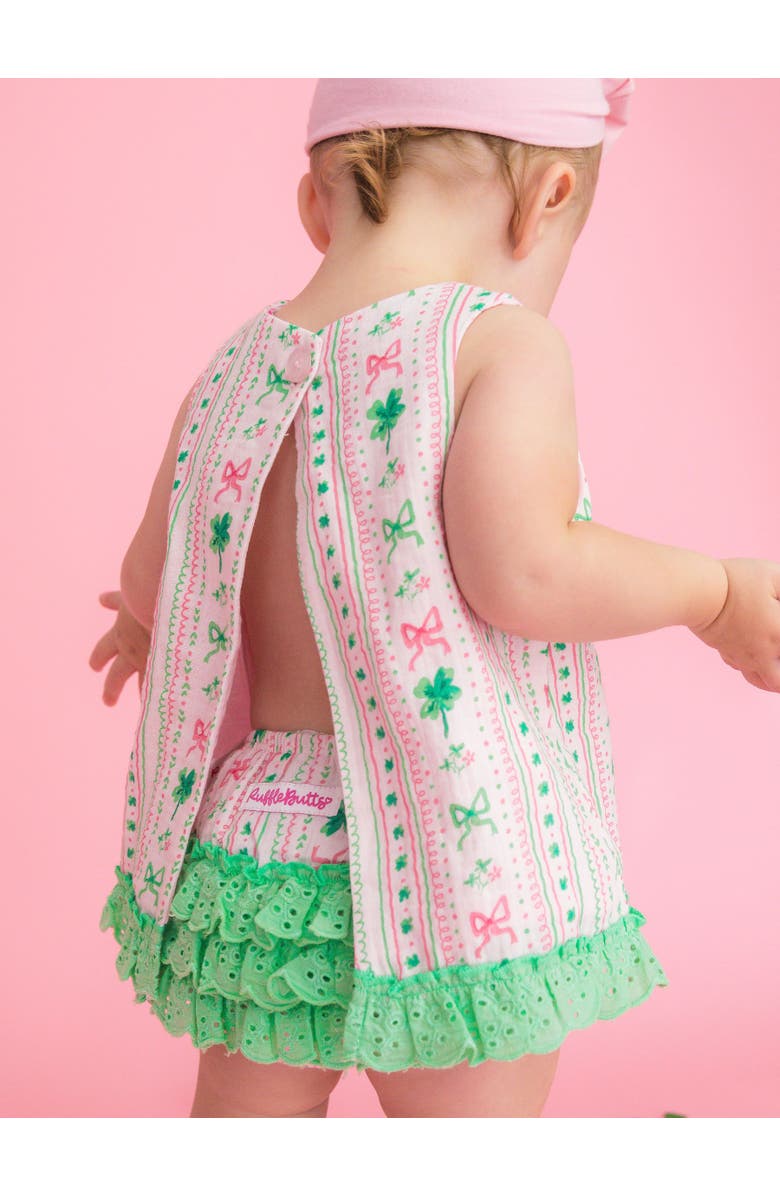 RuffleButts Cotton Gauze Swing Top and Bloomer Set, Alternate, color, Clover Bows 
Wishes