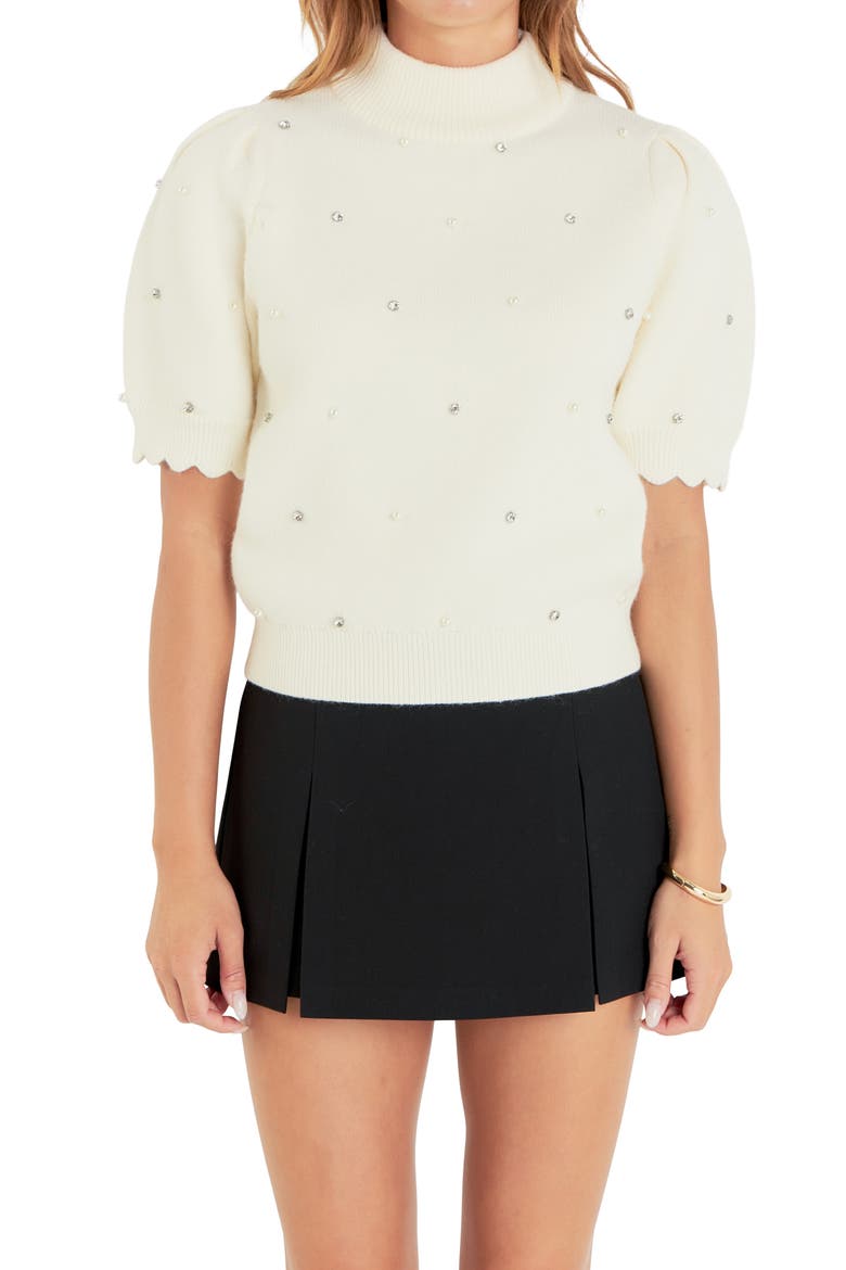 Embellished Short Sleeve Sweater, Alternate, color, WHITE