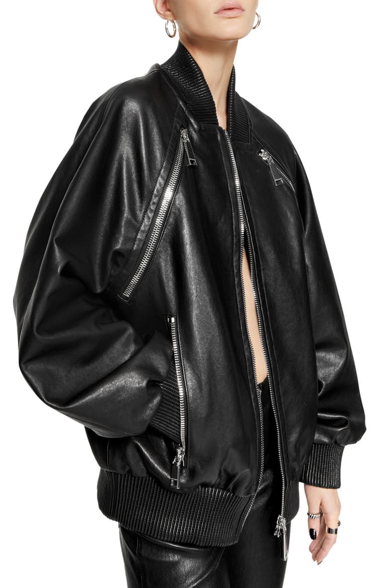 Dylan Oversize Leather Bomber Jacket, Alternate, color, TRUE BLACK