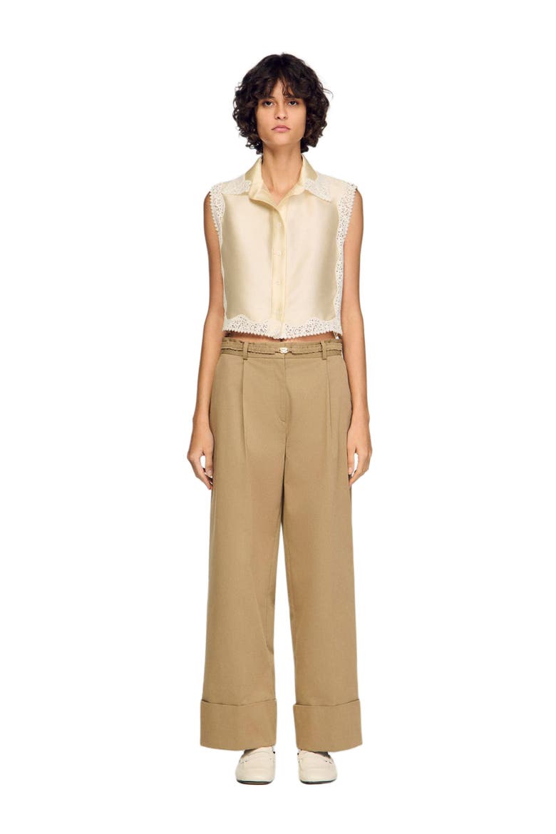 Cropped shirt with lace detail, Main, color, Ecru