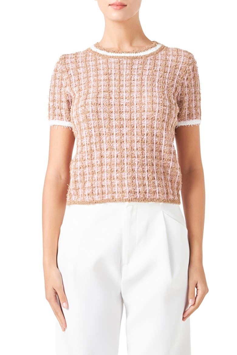 Check Tweed Sweater, Main, color, CAMEL/ PINK