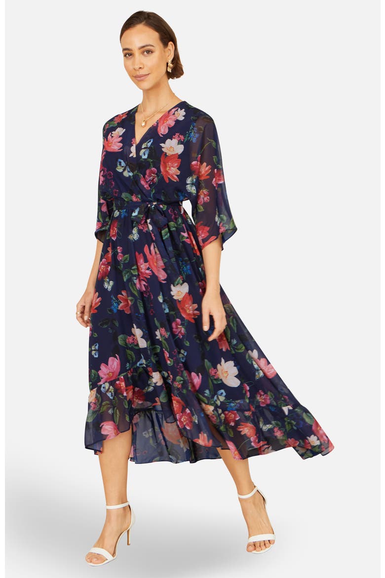 Floral Dip Hem Wrap Midi Dress, Alternate, color, Navy