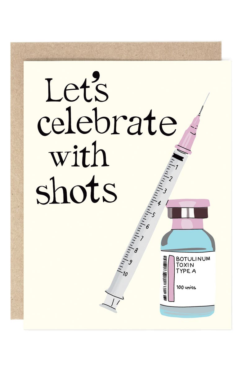 DRAWN GOODS Let's Celebrate with (Botox) Shots Greeting Card, Main, color, Ivory Multi