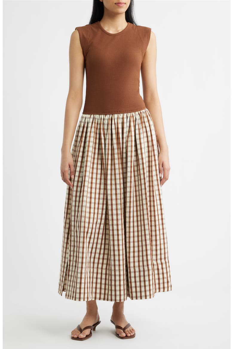 Daphne Sleeveless Midi Dress, Main, color, BROWN CHECK