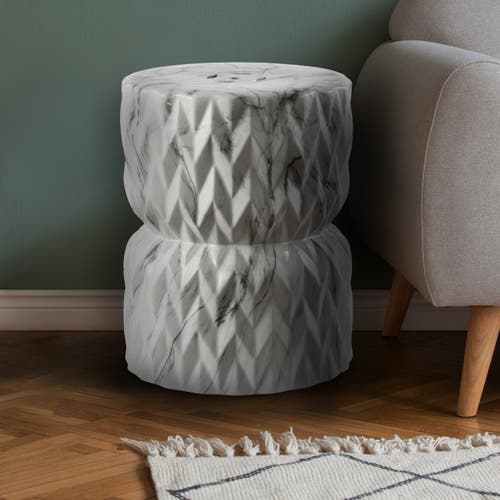 Jonathan Y Chevron Drum 17.5" Marble Finish Ceramic Garden Stool In White Marble Finish