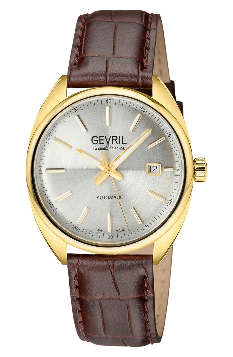 GEVRIL Five Points Swiss Automatic Croc Embossed Leather Strap Watch, 40mm, Main, color, 