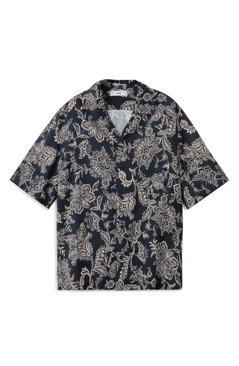 MANGO Floral Print Camp Shirt, Alternate, color, Black