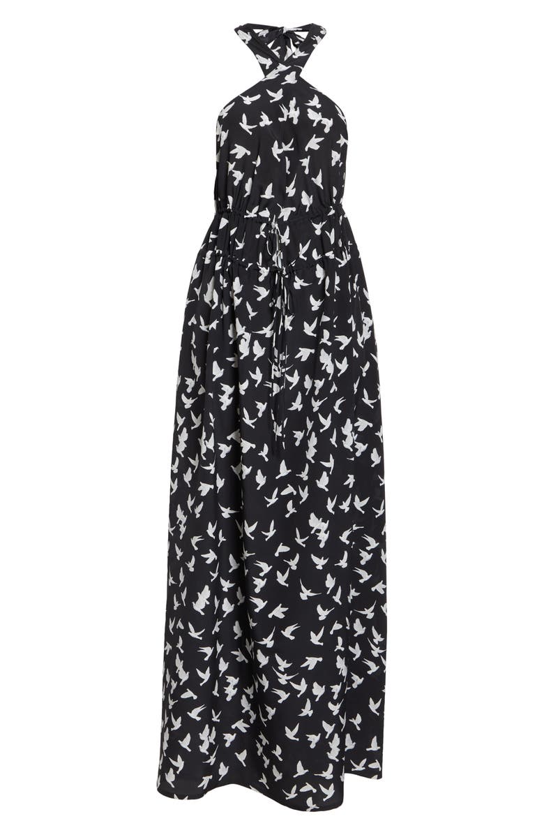 Stella McCartney Mini Birds Halter Neck Silk Crêpe de Chine Maxi Dress, Alternate, color, Black