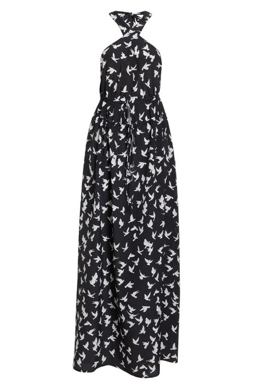 Stella Mccartney Mini Birds Halter Neck Silk Crêpe De Chine Maxi Dress In Black