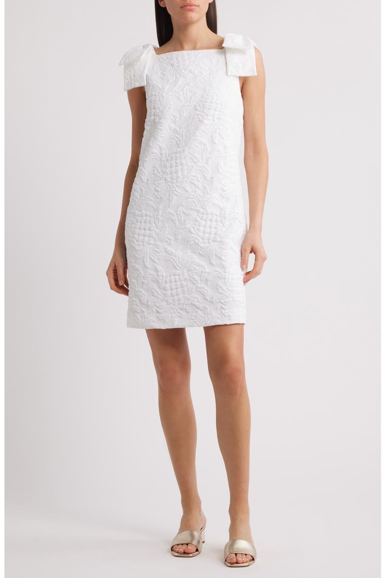 Carmine Bow Detail Sleeveless Shift Dress, Main, color, RESORT WHITE PINEAPPLE