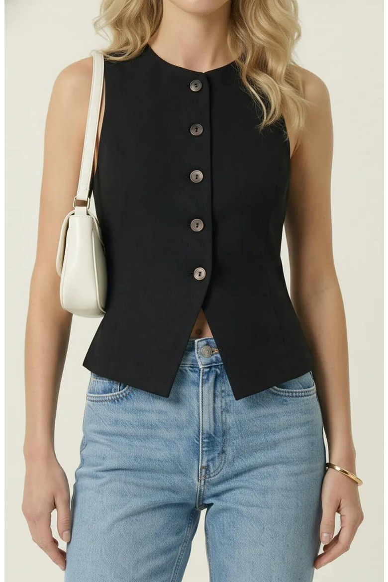 Tailored Sleeveless Button-Up Vest, Main, color, Black