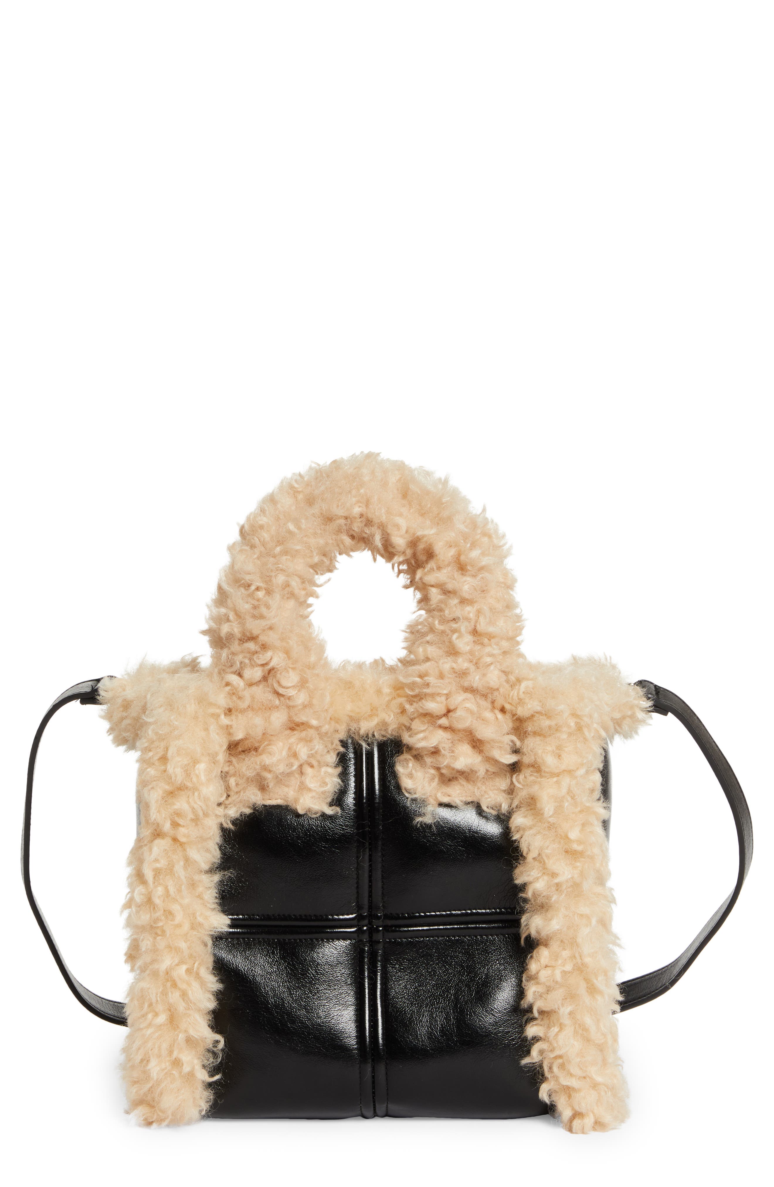 Stand Studio Liz II Faux Leather Top Handle Bag with Faux Shearling Trim, Main, color, 