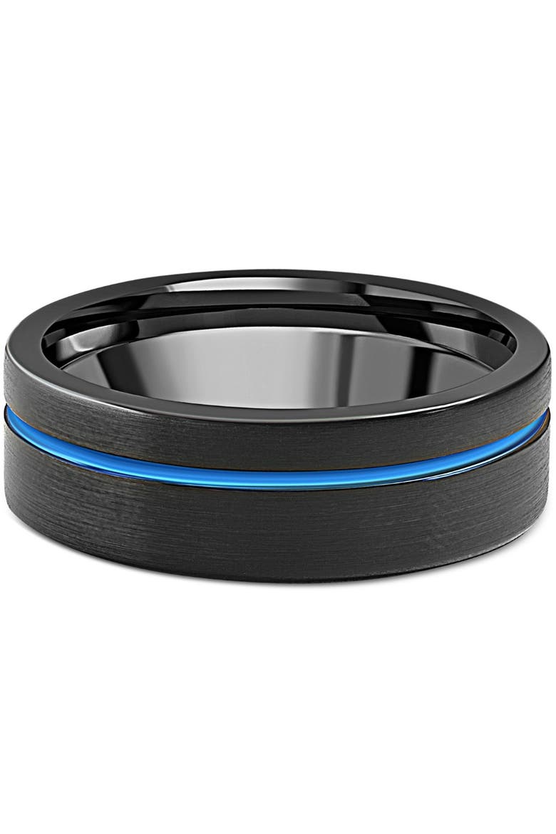 Men's Black & Blue Inlay Tungsten Ring Brushed Ring 8mm Wedding Band, Main, color, Tungsten