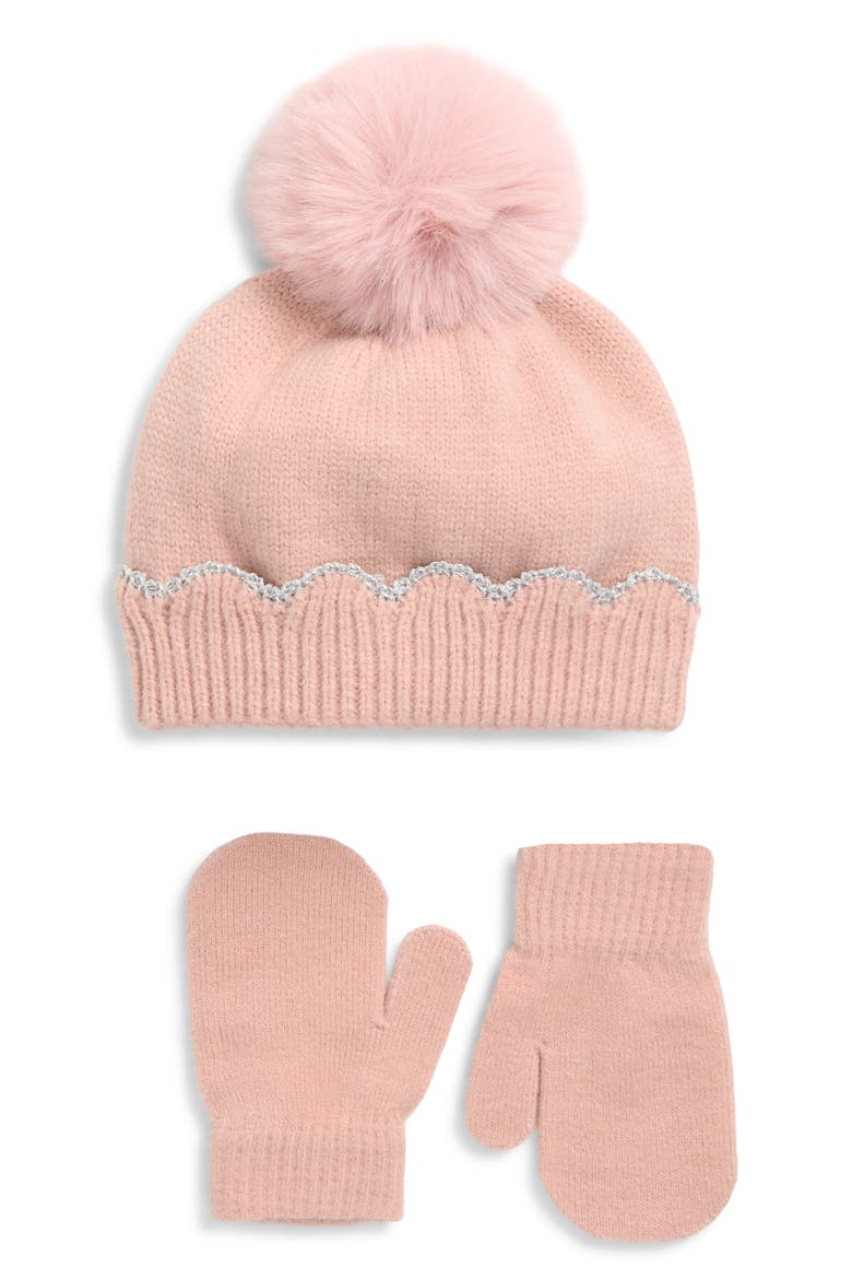 Kids' Scalloped Pom Beanie & Mittens Set, Main, color, PINK COMBO