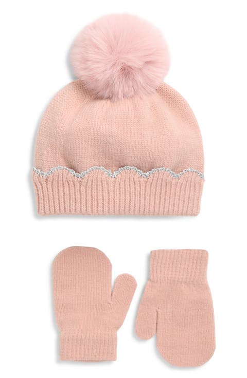 Kids' Scalloped Pom Beanie & Mittens Set