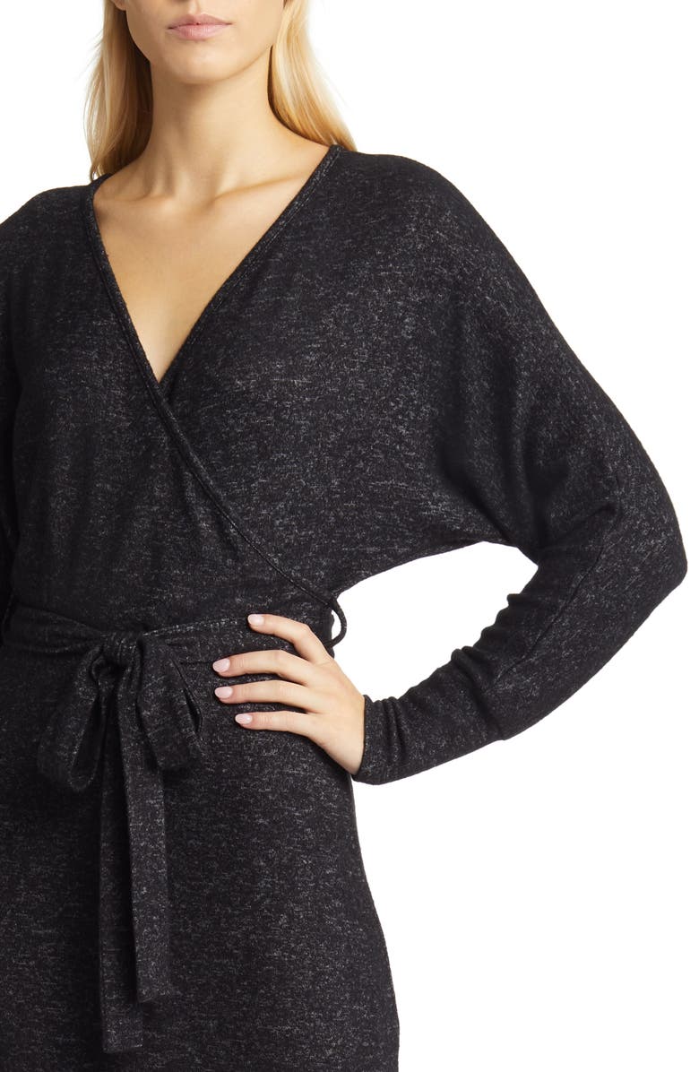 Loveappella Long Sleeve Faux Wrap Midi Dress, Alternate, color, Black