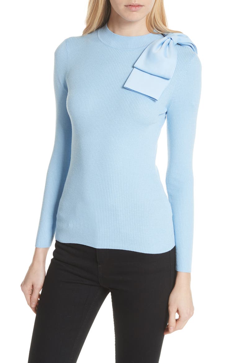 Bow Detail Ribbed Sweater, Main, color, PALE BLUE