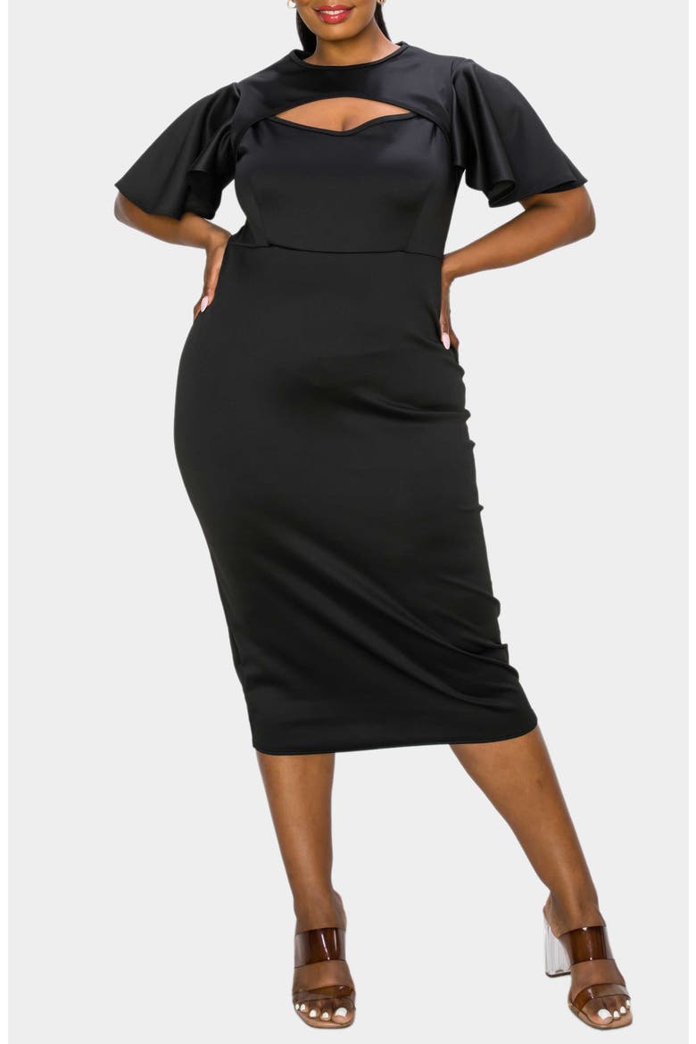 Millie Cutout Flutter Sleeve Satin Body-Con Dress, Alternate, color, BLACK
