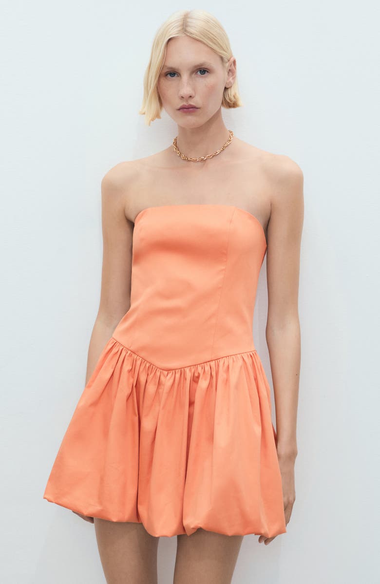 MANGO Strapless Bubble Hem Minidress, Alternate, color, Orange
