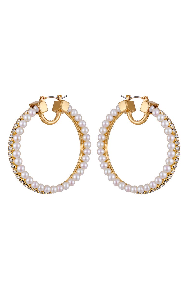 Vince Camuto Pavé Crystal & Faux Pearl Hoop Earrings, Main, color, Gold Tone