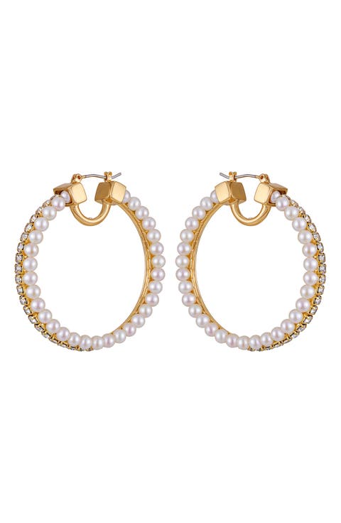 Pavé Crystal & Faux Pearl Hoop Earrings